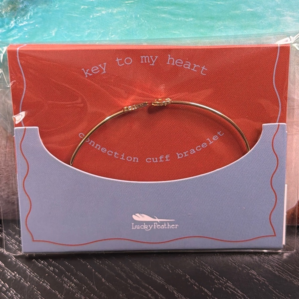 Lucky Feather Key to My Heart Connection Cuff Bracelet 14k Gold Dipped Brass NEW